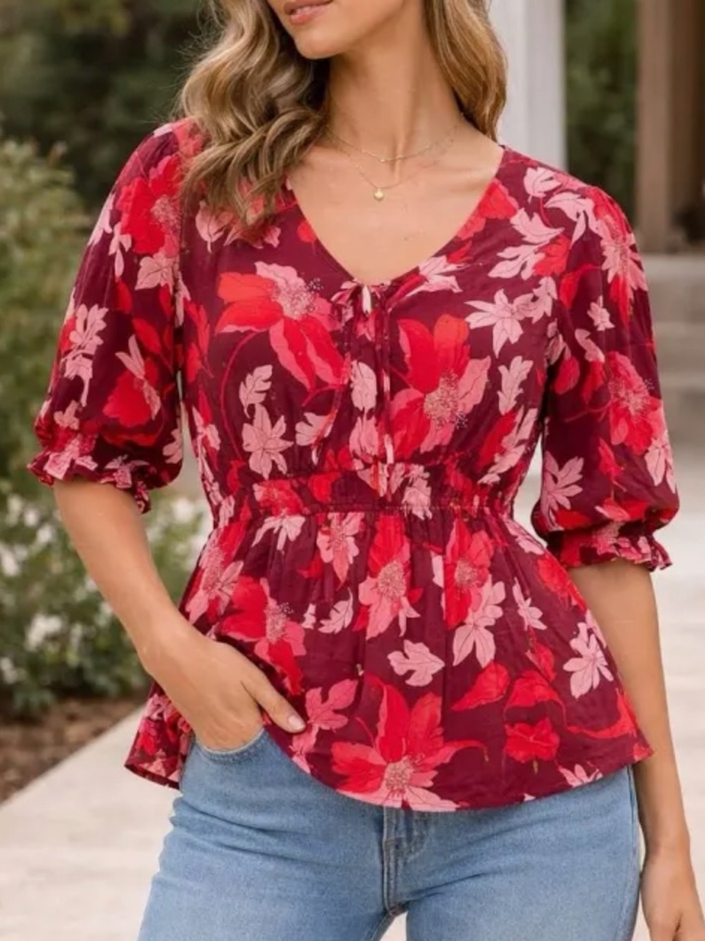 Harve Benard Red, Maroon, Pink and Gold Floral V-Neck Peplum Top NWT Medium